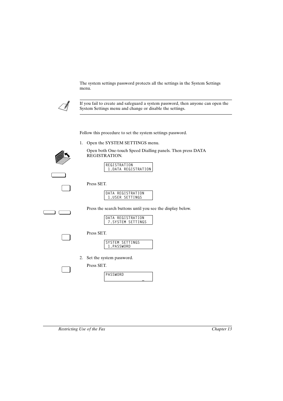 Setting and using the system settings password, Setting the system settings password | Canon FAX-L800 User Manual | Page 234 / 370