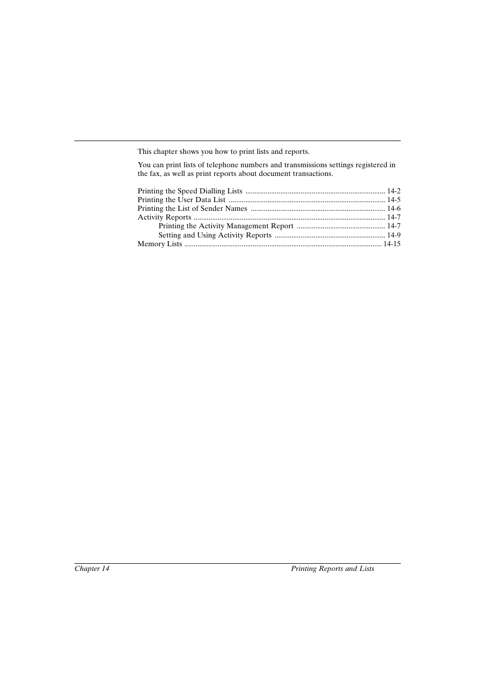 Chapter 14, Chapter 14 printing reports and lists | Canon FAX-L800 User Manual | Page 253 / 370