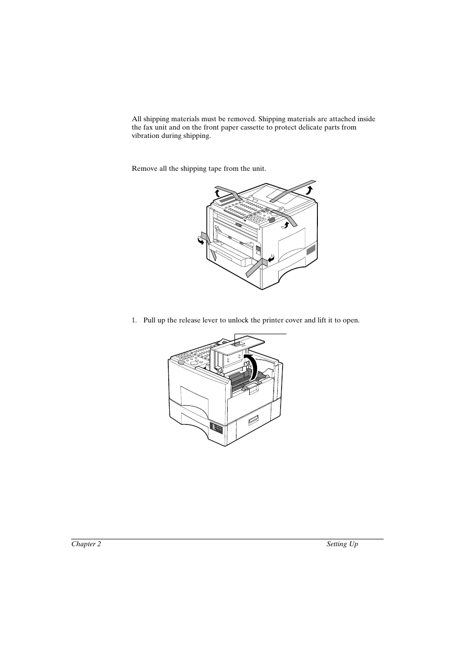 Removing the shipping material, Removing the shipping tape, Removing the spacers inside the fax unit | Canon FAX-L800 User Manual | Page 27 / 370