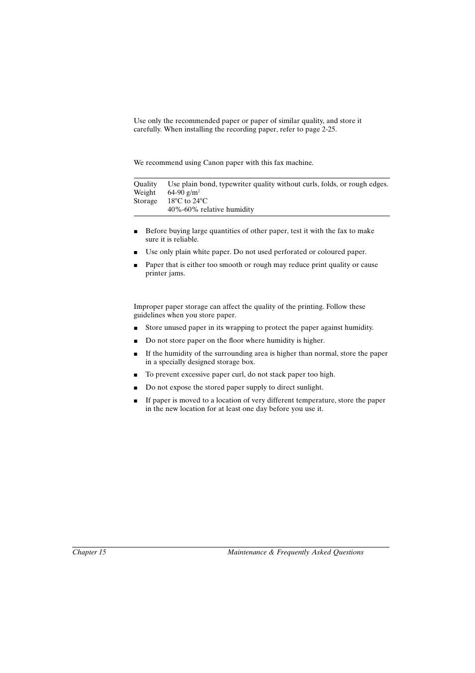 Storing recording paper, Recommended paper, Storing the paper supply | Canon FAX-L800 User Manual | Page 283 / 370