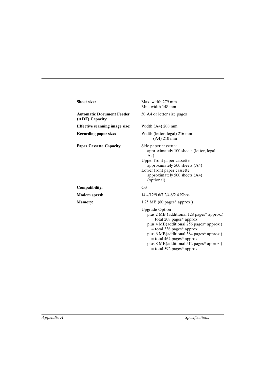 Appendix a, Appendix a specifications, General | Canon FAX-L800 User Manual | Page 337 / 370