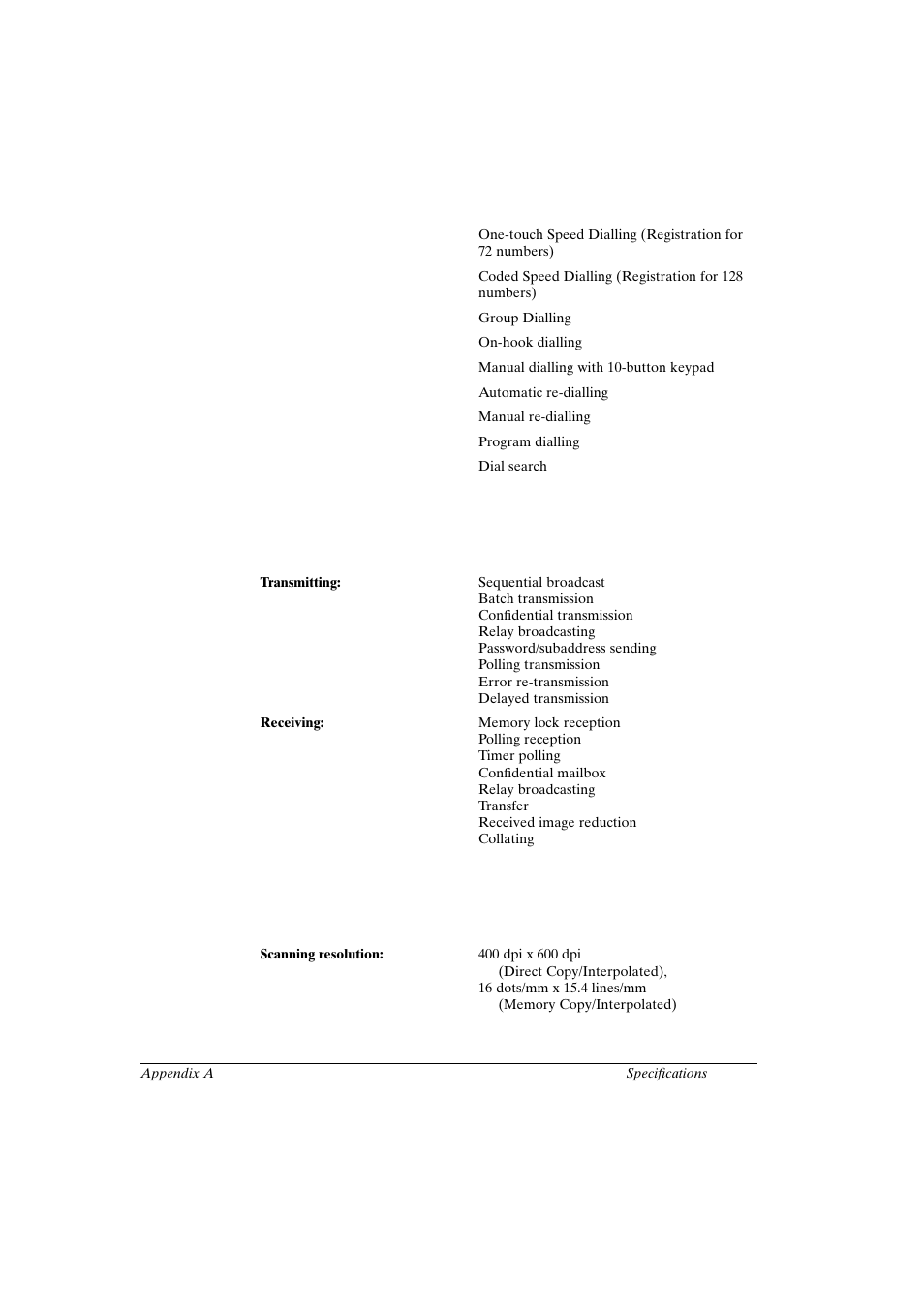 Dial features, Networking features, Copier features | Canon FAX-L800 User Manual | Page 339 / 370