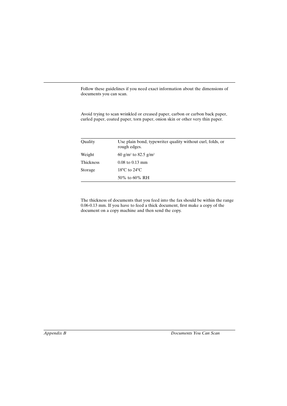 Appendix b, Appendix b documents you can scan, Document media to avoid | Specifications for paper documents you can scan, Document thickness | Canon FAX-L800 User Manual | Page 343 / 370