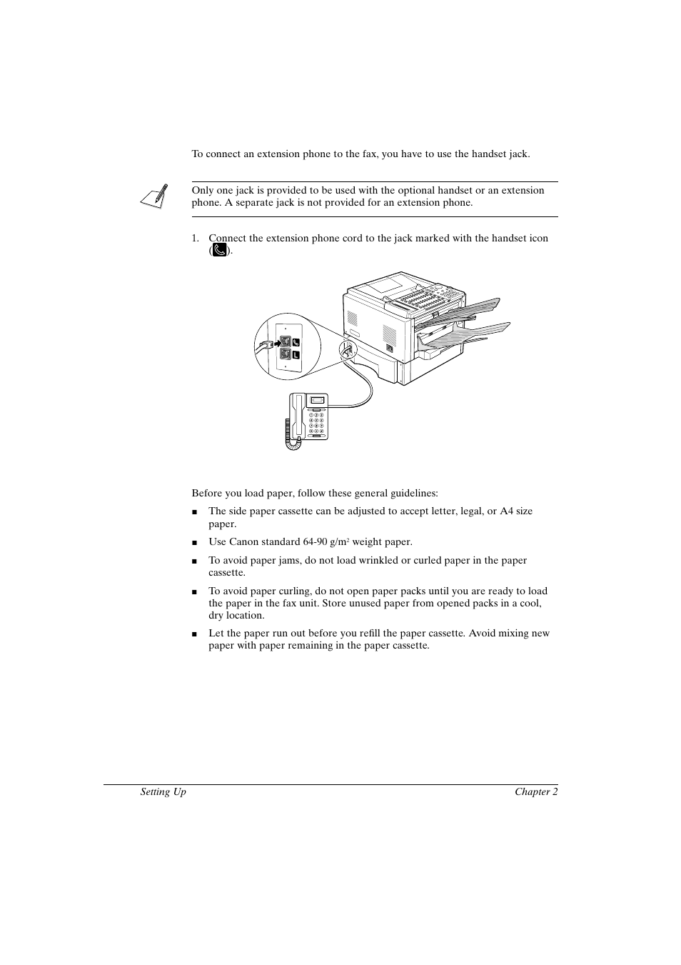 Connecting an extension phone, Loading paper and installing the paper cassettes | Canon FAX-L800 User Manual | Page 36 / 370