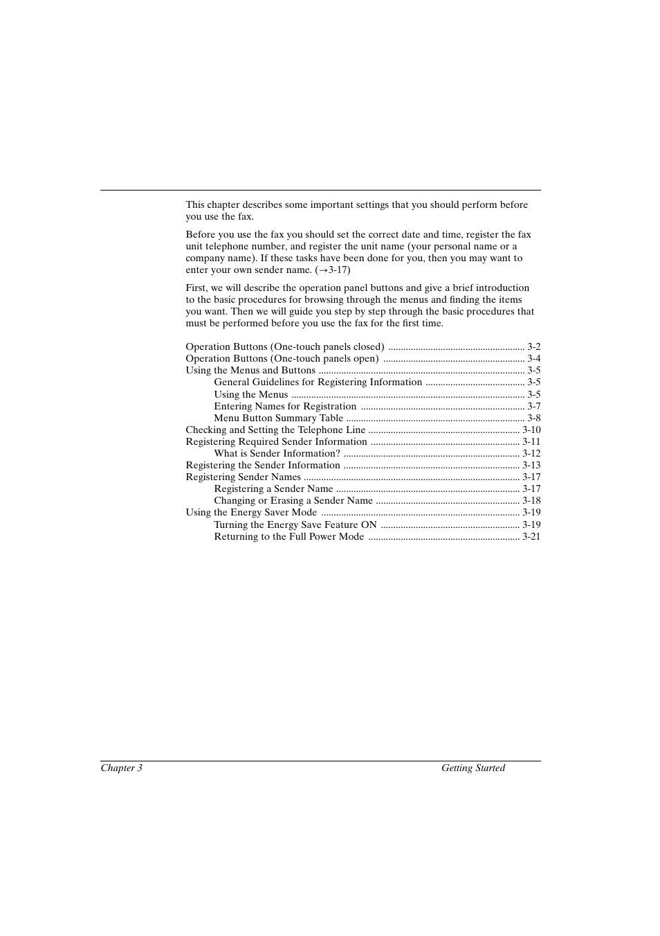 Chapter 3, Chapter 3 getting started | Canon FAX-L800 User Manual | Page 43 / 370