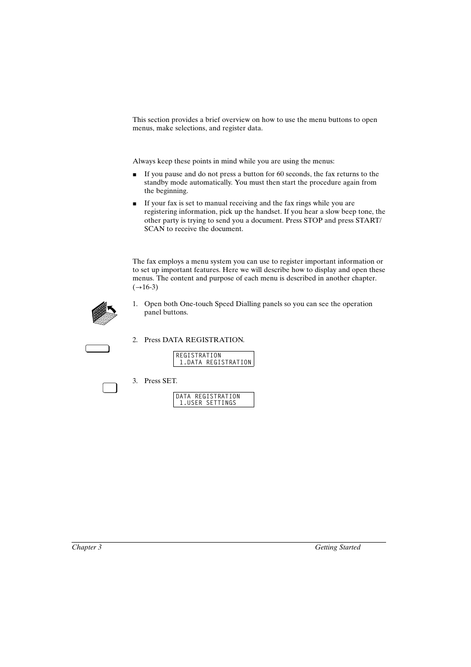 Using the menus and buttons, General guidelines for registering information, Using the menus | Canon FAX-L800 User Manual | Page 47 / 370