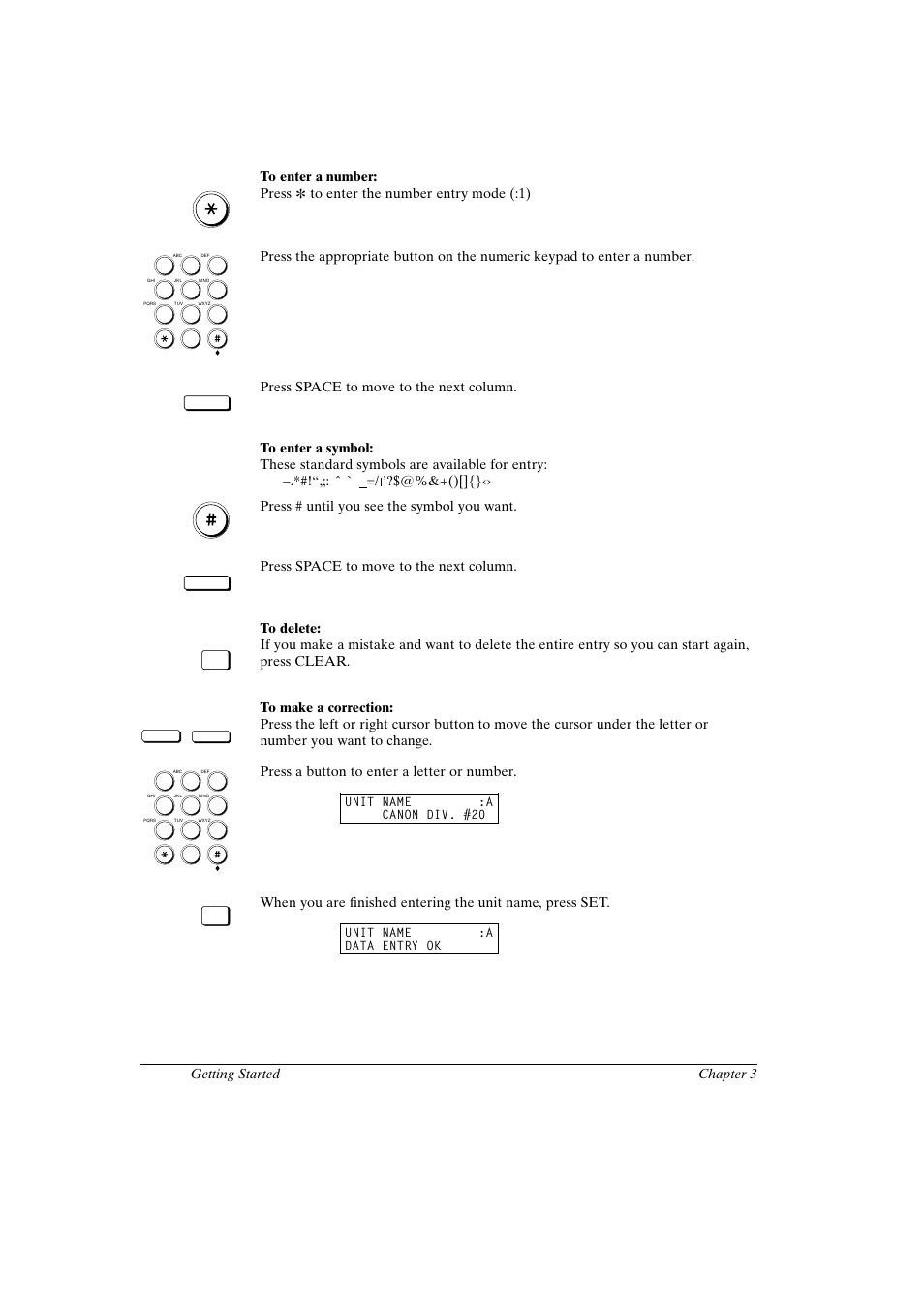 Canon fax-l800 user’s guide english, Press space to move to the next column. to delete, Press a button to enter a letter or number | Canon FAX-L800 User Manual | Page 58 / 370