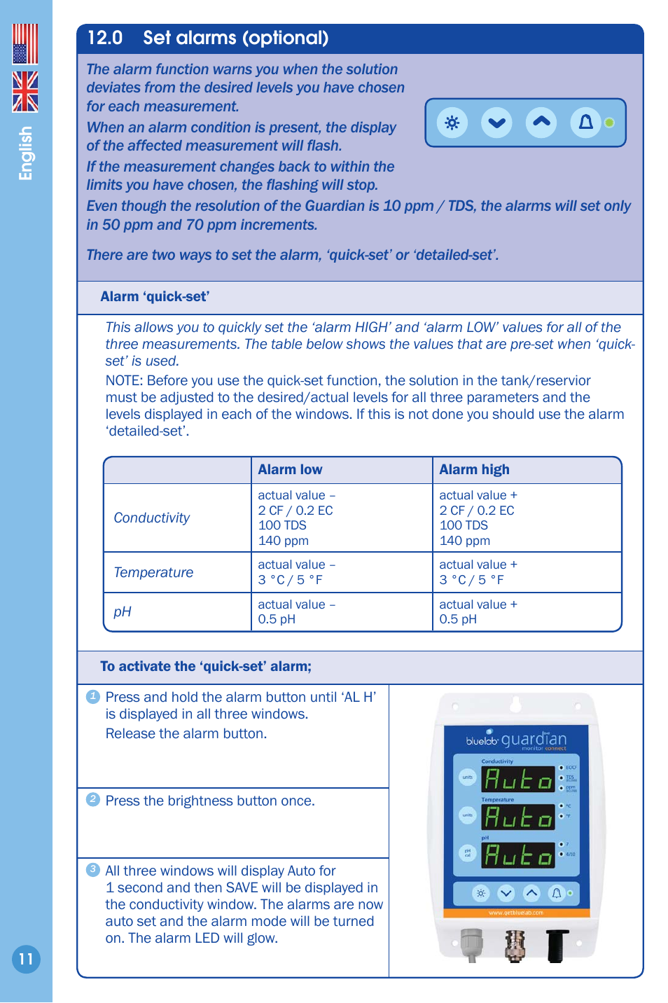Set alarms (optional), 0 set alarms (optional), English | Bluelab Guardian Monitor Connect Manual User Manual | Page 11 / 18