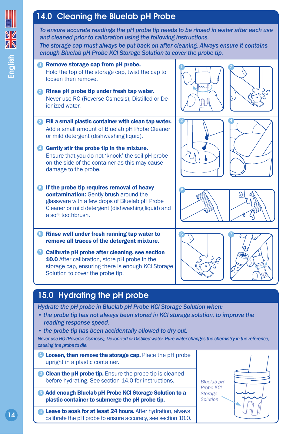Cleaning the ph probe, Hydrating the ph probe, 0 cleaning the bluelab ph probe | 0 hydrating the ph probe, English | Bluelab Guardian Monitor Connect Manual User Manual | Page 14 / 18