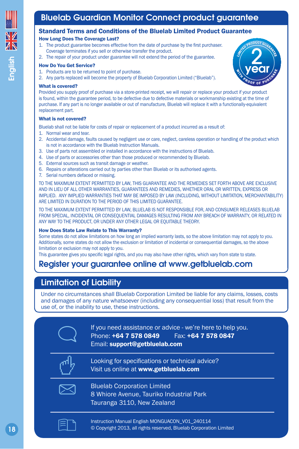 Product guarantee, Limitation of liability, Contact details | Bluelab guardian monitor connect product guarantee, English | Bluelab Guardian Monitor Connect Manual User Manual | Page 18 / 18