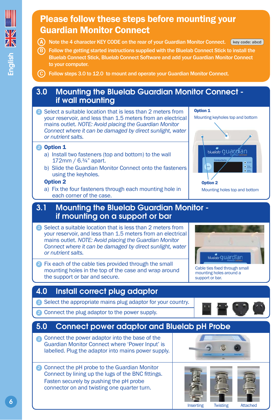 Mounting the guardian monitor connect, Install correct plug adaptor, Connect power adaptor and bluelab ph probe | 0 install correct plug adaptor, 0 connect power adaptor and bluelab ph probe, English | Bluelab Guardian Monitor Connect Manual User Manual | Page 6 / 18
