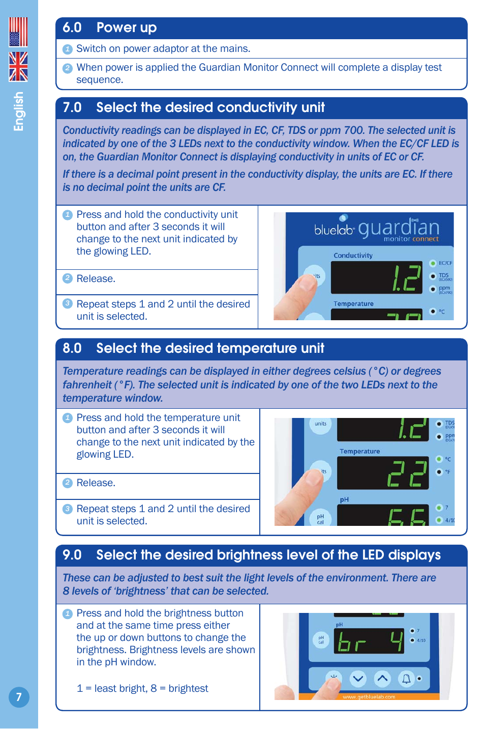 Power up, Select the desired conductivity unit, Select the desired temperature unit | 0 power up, 0 select the desired conductivity unit, 0 select the desired temperature unit, English | Bluelab Guardian Monitor Connect Manual User Manual | Page 7 / 18