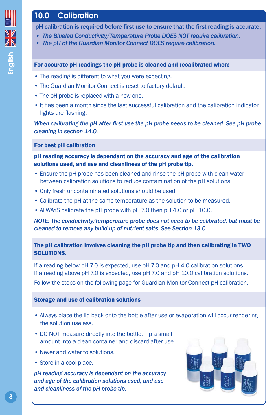 Ph calibration, 0 calibration | Bluelab Guardian Monitor Connect Manual User Manual | Page 8 / 18