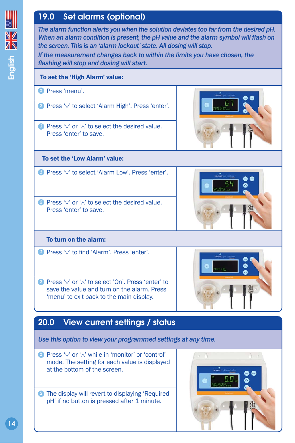 Set alarms (optional), View current settings, 0 set alarms (optional) | 0 view current settings / status, English | Bluelab pH Controller Connect Manual User Manual | Page 14 / 23