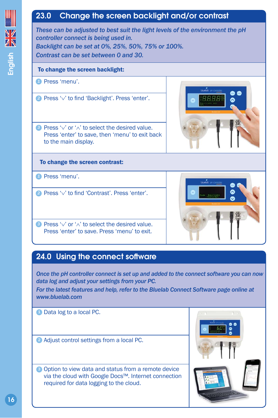 Change the screen backlight and/or contrast, Using the connect soft ware, 0 using the connect soft ware | 0 change the screen backlight and/or contrast, English | Bluelab pH Controller Connect Manual User Manual | Page 16 / 23