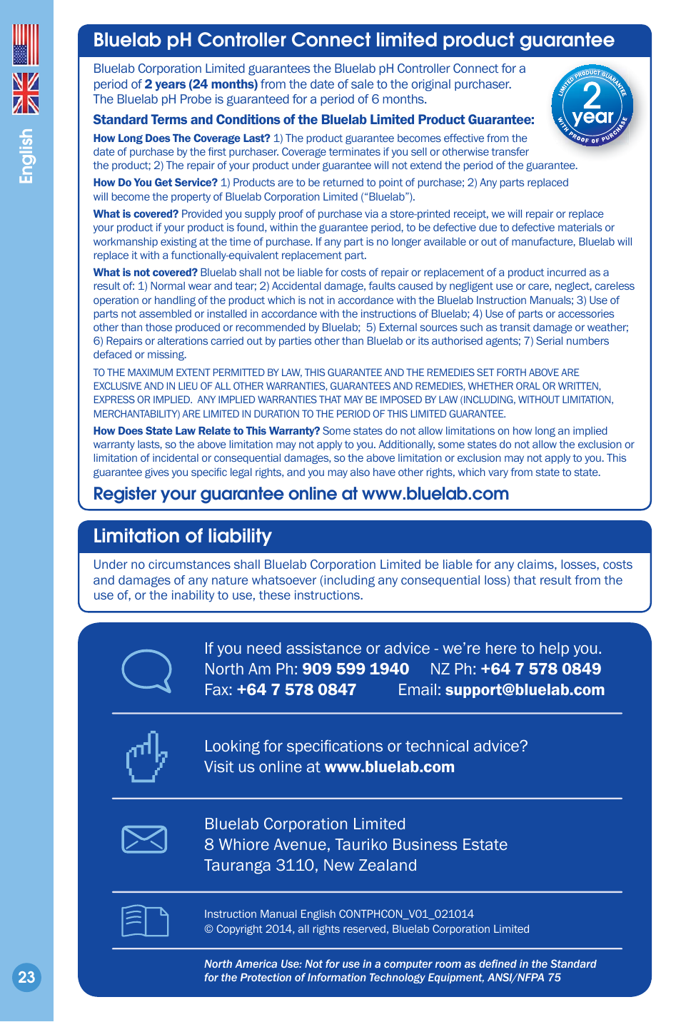 Limited product guarantee, Limitation of liability, Contact details | English | Bluelab pH Controller Connect Manual User Manual | Page 23 / 23