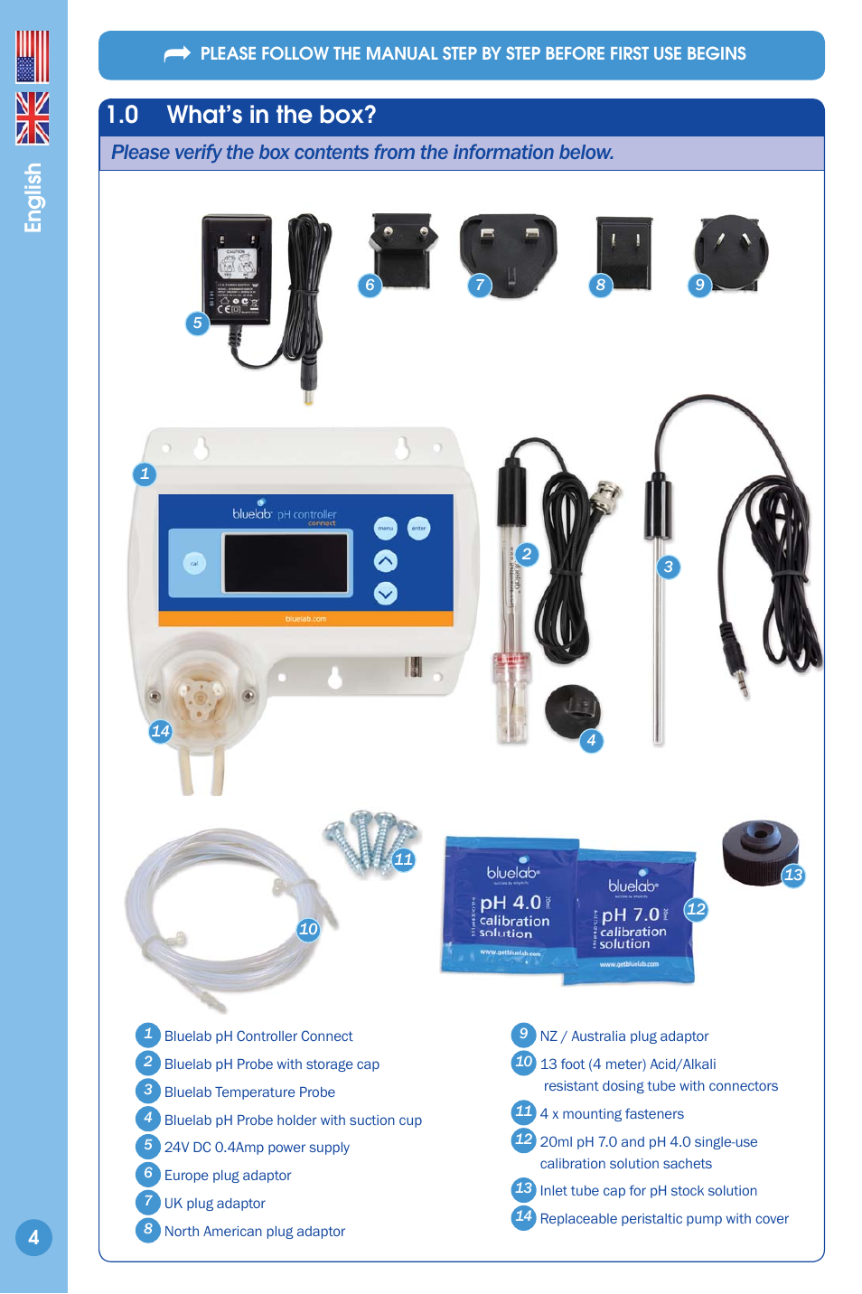 What’s in the box, 0 what’s in the box, English | Bluelab pH Controller Connect Manual User Manual | Page 4 / 23