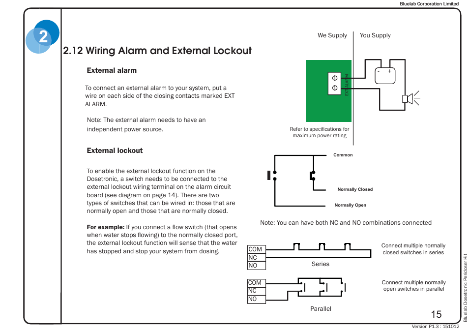 12 wiring alarm and external lockout | Bluelab Dosetronic Peridoser Kit User Manual | Page 19 / 43
