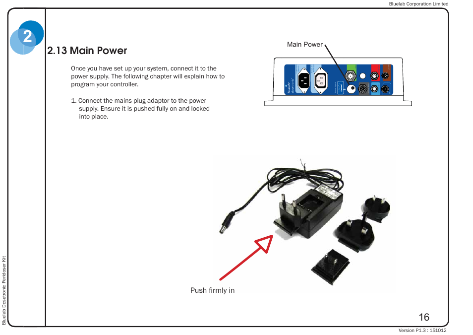 13 main power, Push fi rmly in, Dc input: 5v a | Bluelab Dosetronic Peridoser Kit User Manual | Page 20 / 43