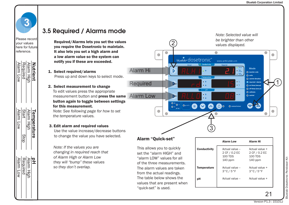 Al.h1 rd al.lo, 5 required / alarms mode | Bluelab Dosetronic Peridoser Kit User Manual | Page 25 / 43