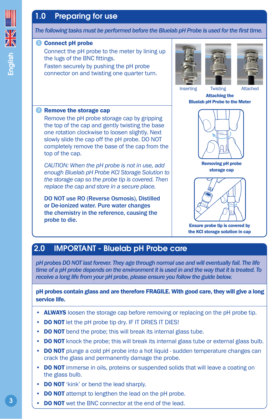 Preparing for use, Important bluelab ph probe care 3, 0 preparing for use | 0 important - bluelab ph probe care, English | Bluelab pH Probe User Manual | Page 3 / 9