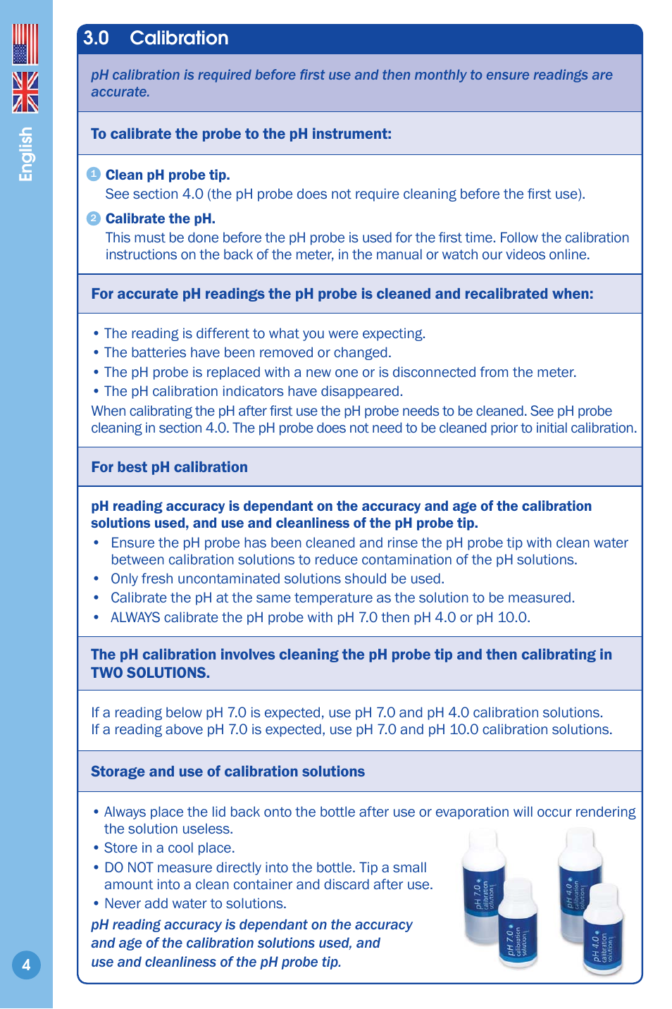 Calibration 4, 0 calibration | Bluelab pH Probe User Manual | Page 4 / 9