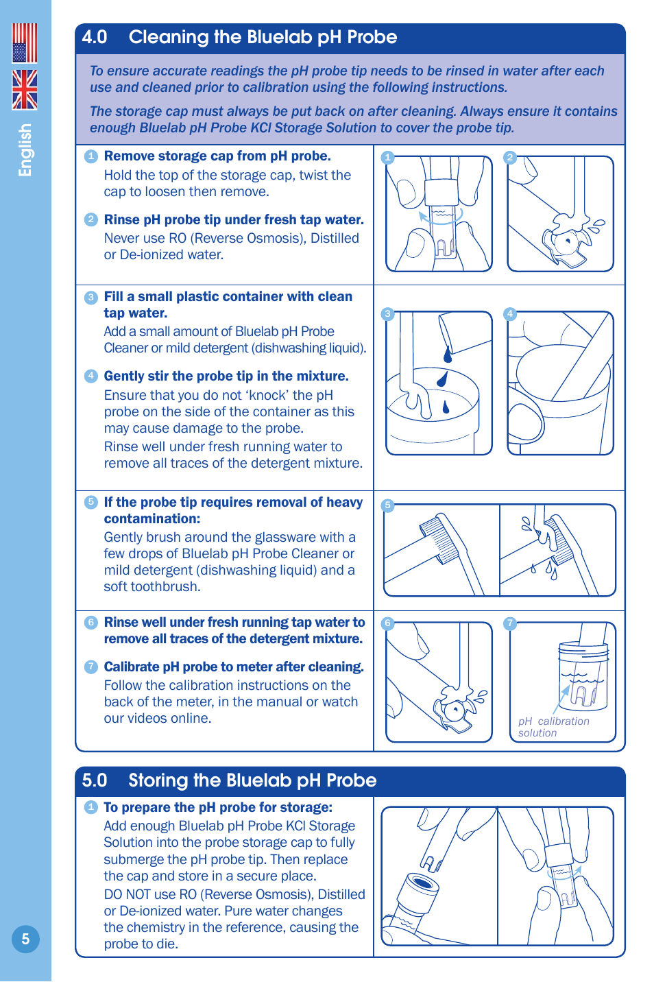 Cleaning the ph probe, Storing the ph probe, 0 cleaning the bluelab ph probe | 0 storing the bluelab ph probe, English | Bluelab pH Probe User Manual | Page 5 / 9