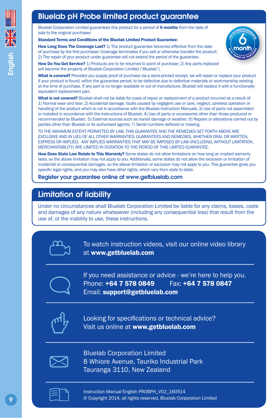 Limited product guarantee, Limitation of liability, Contact details | Bluelab ph probe limited product guarantee | Bluelab pH Probe User Manual | Page 9 / 9