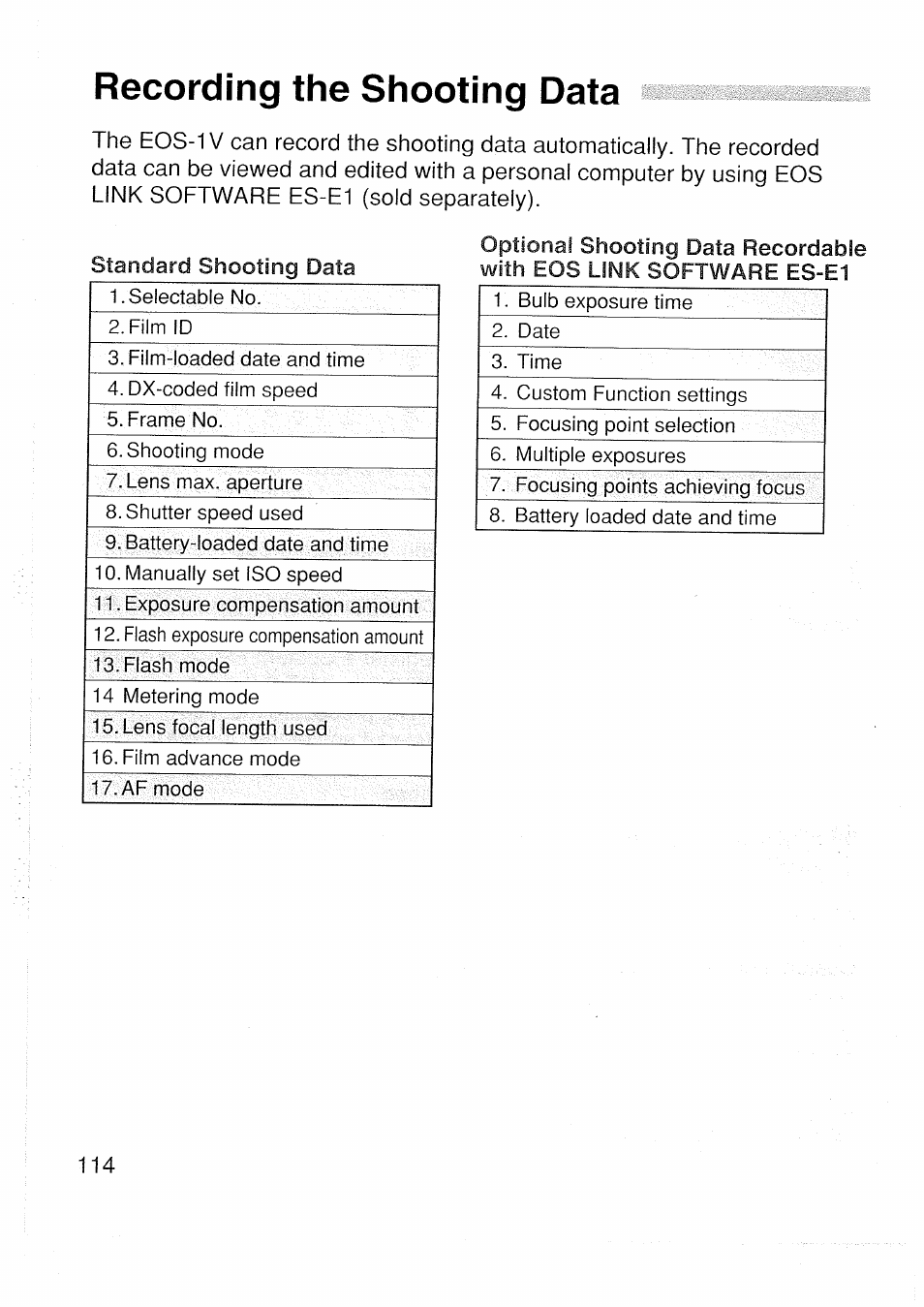 Recording the shooting data | Canon EOS 1 V HS User Manual | Page 116 / 143