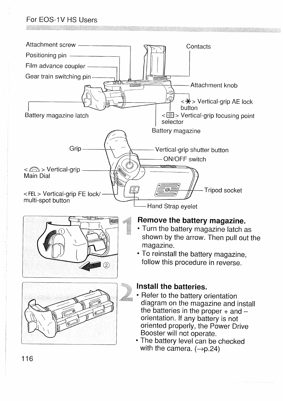 Remove the battery magazine, Install the batteries | Canon EOS 1 V HS User Manual | Page 118 / 143