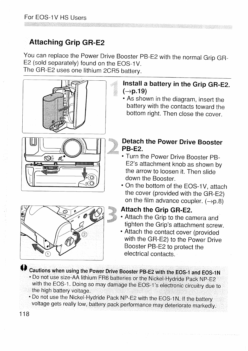 Attaching grip gr-e2 | Canon EOS 1 V HS User Manual | Page 120 / 143
