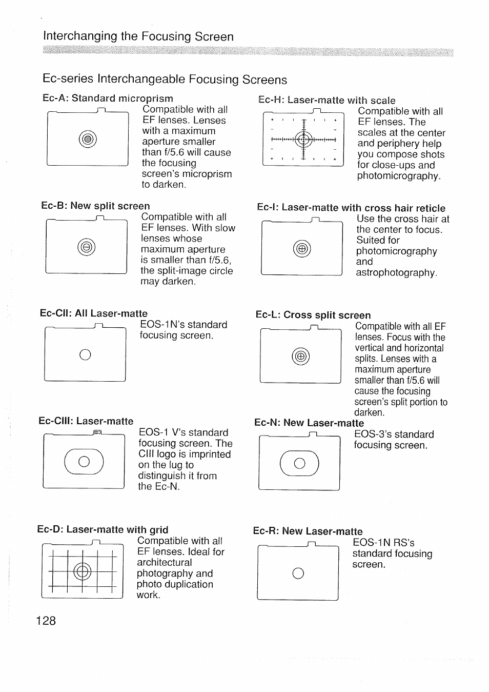 R-i eos-1 n’s standard focusing screen, Eos-3’s standard focusing screen, Eos-1 n rs’s standard focusing screen | Canon EOS 1 V HS User Manual | Page 130 / 143