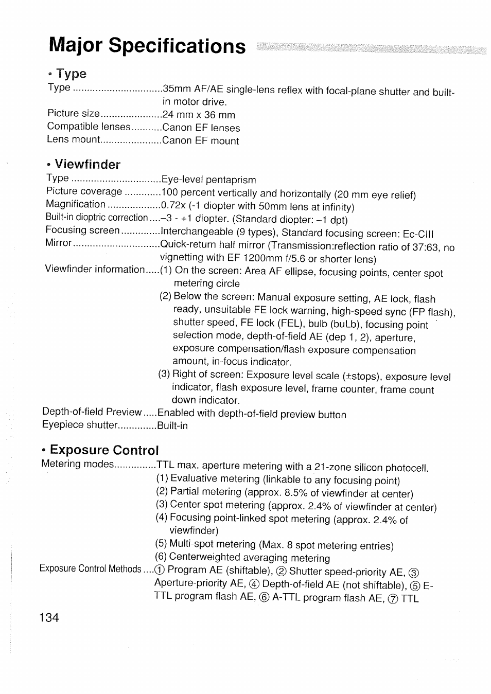 Major specifications, Viewfinder, Exposure control | Canon EOS 1 V HS User Manual | Page 136 / 143