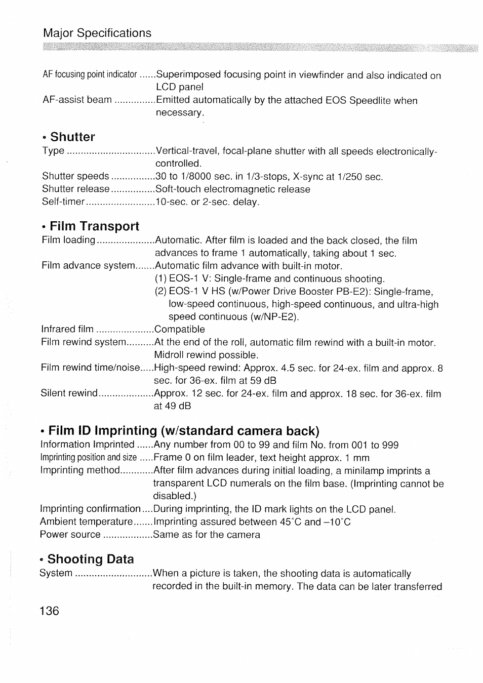 Film transport, Film id imprinting (w/standard camera back), Shooting data | Canon EOS 1 V HS User Manual | Page 138 / 143