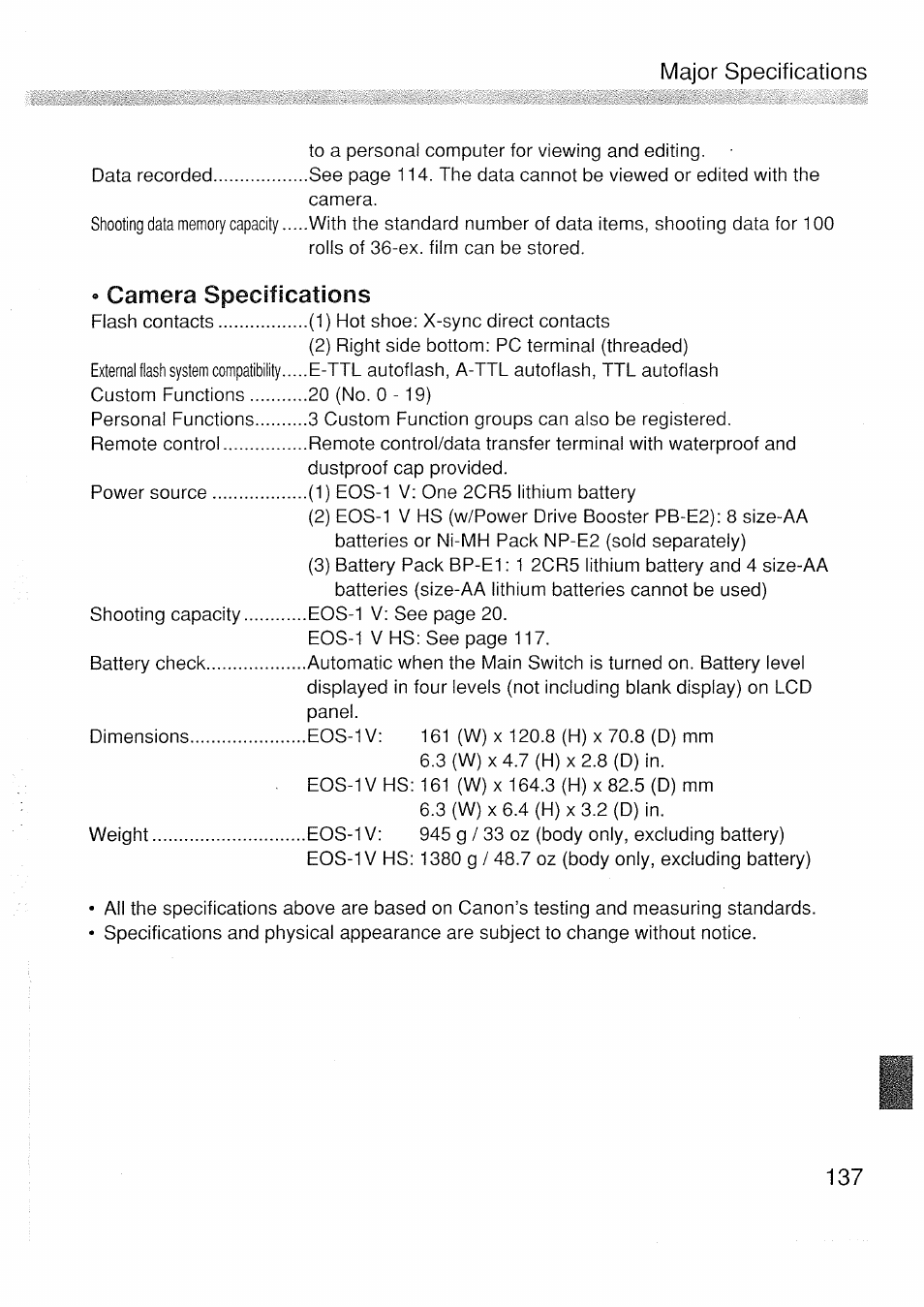 Camera specifications | Canon EOS 1 V HS User Manual | Page 139 / 143