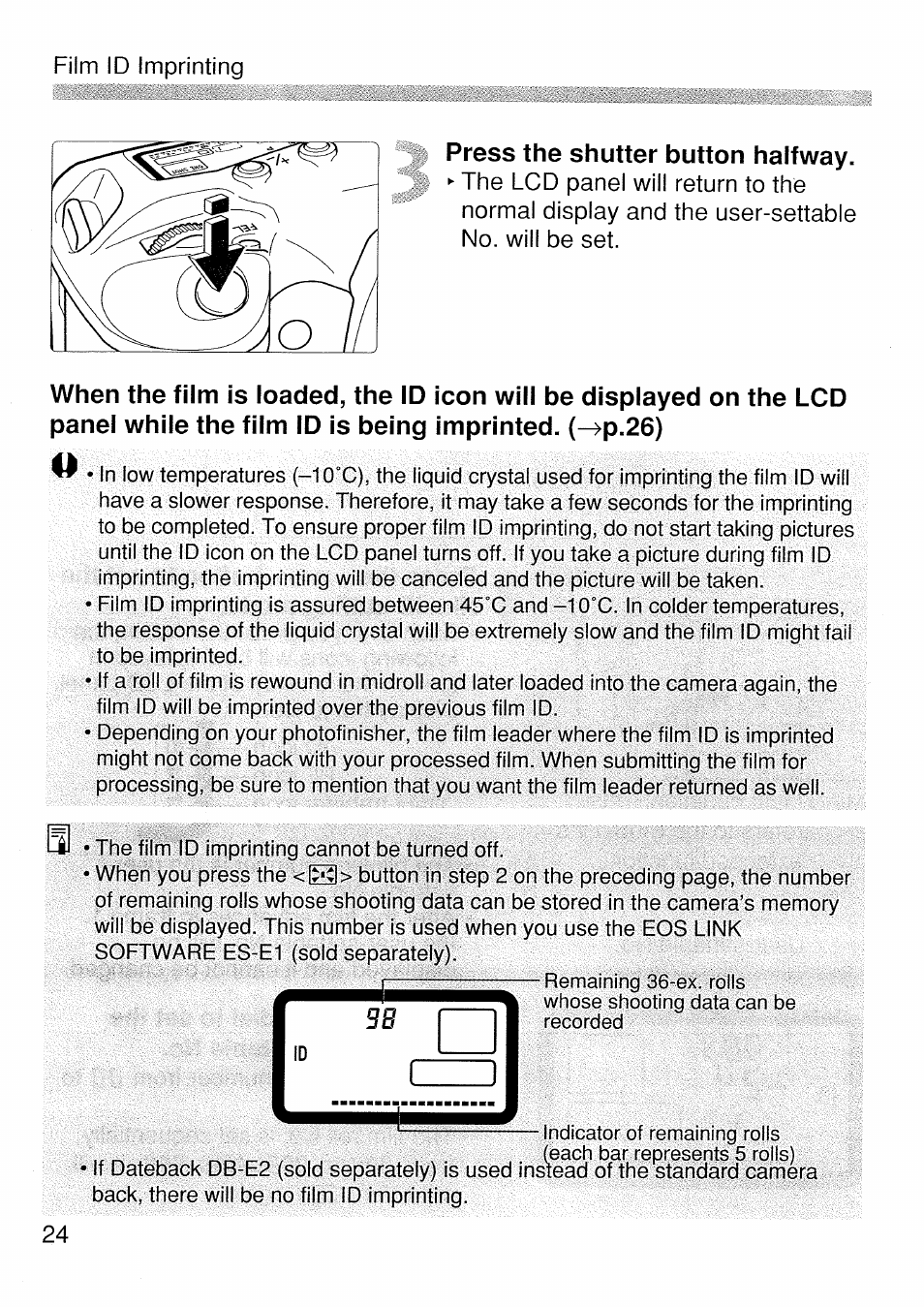 Press the shutter button halfway, Film id imprinting | Canon EOS 1 V HS User Manual | Page 24 / 143