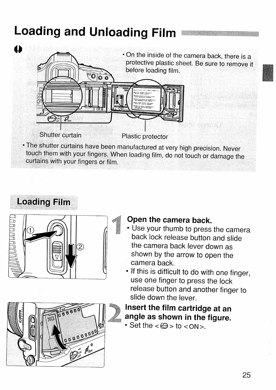 Loading and unloading film, Open the camera back, Insert the film cartridge at an | Angle as shown in the figure | Canon EOS 1 V HS User Manual | Page 25 / 143