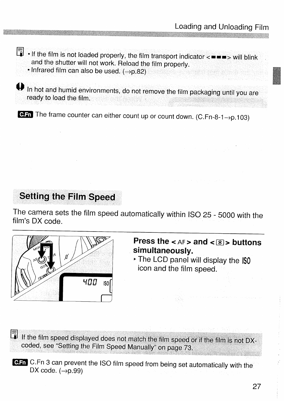 Press the < af > and < [h > buttons simultaneously, Setting the film speed, Press the | And < [h > buttons simultaneously | Canon EOS 1 V HS User Manual | Page 27 / 143