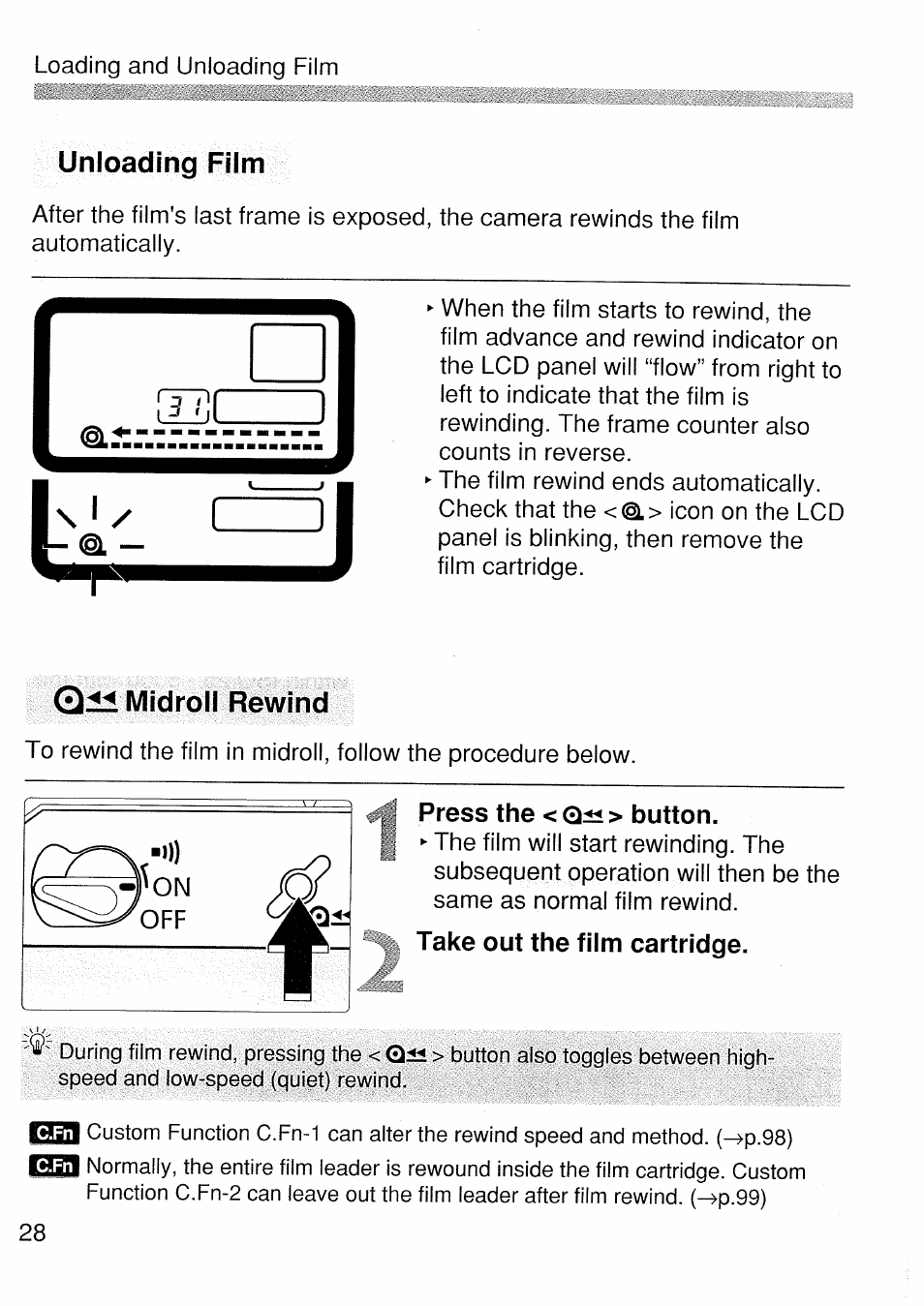 Press the < q±i > button, Unloading film, Qh midroll rewind | Canon EOS 1 V HS User Manual | Page 28 / 143