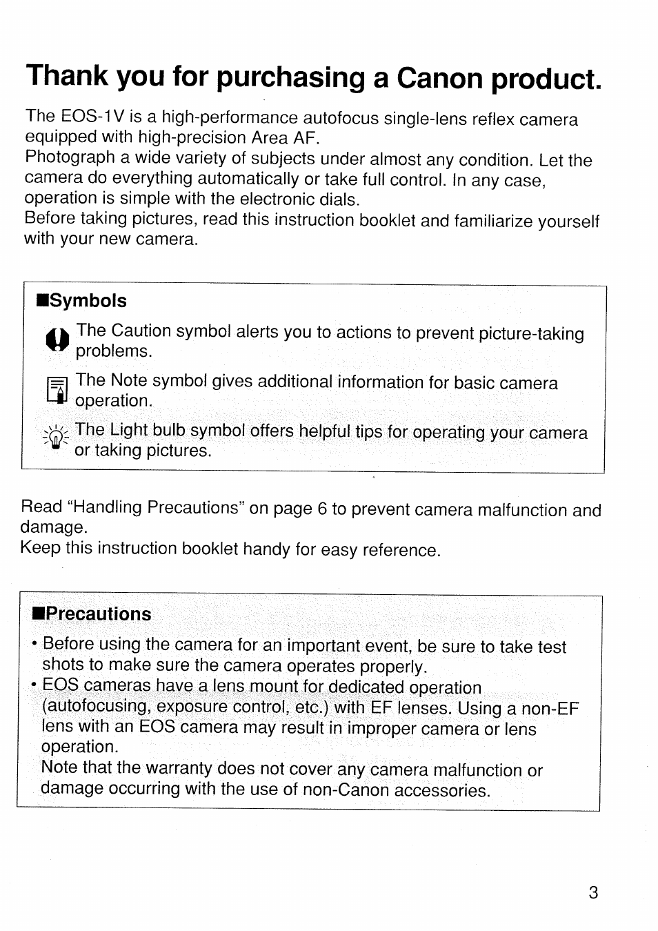 Precautions | Canon EOS 1 V HS User Manual | Page 3 / 143