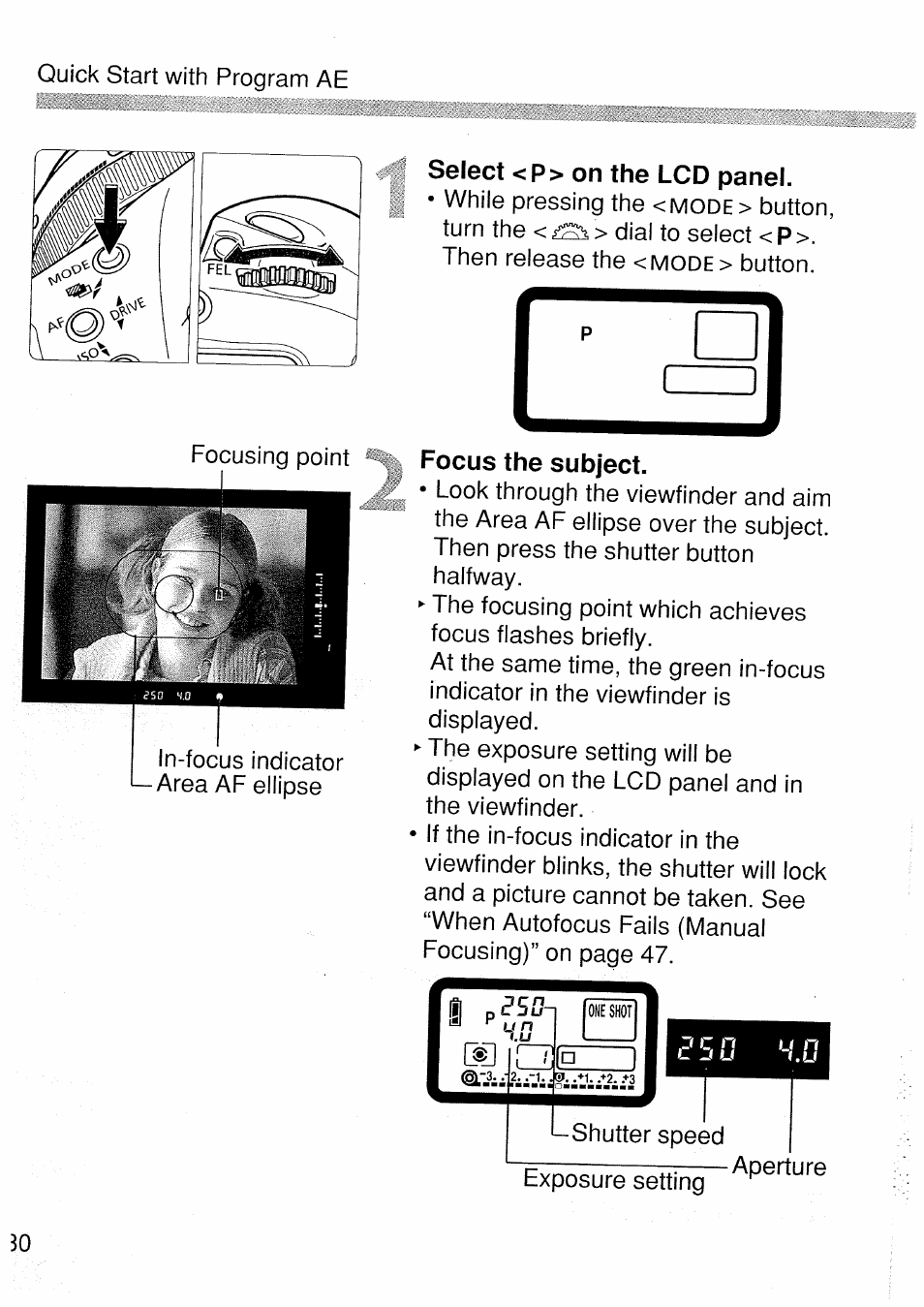 Select <p> on the lcd panel, Focus the subject | Canon EOS 1 V HS User Manual | Page 30 / 143