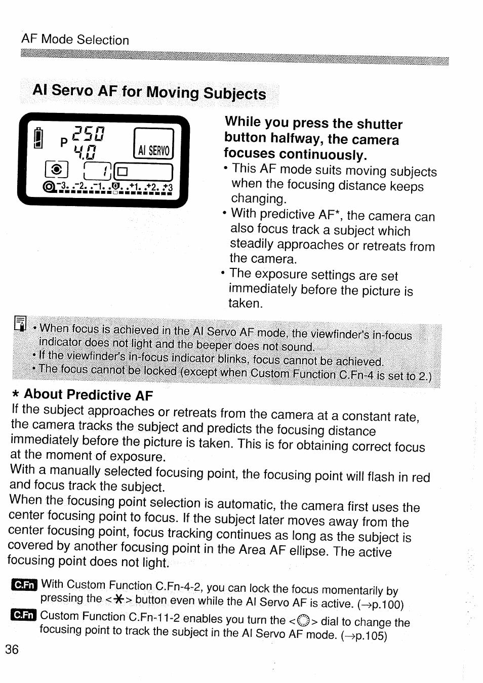 About predictive af, Al servo af for moving subjects | Canon EOS 1 V HS User Manual | Page 36 / 143