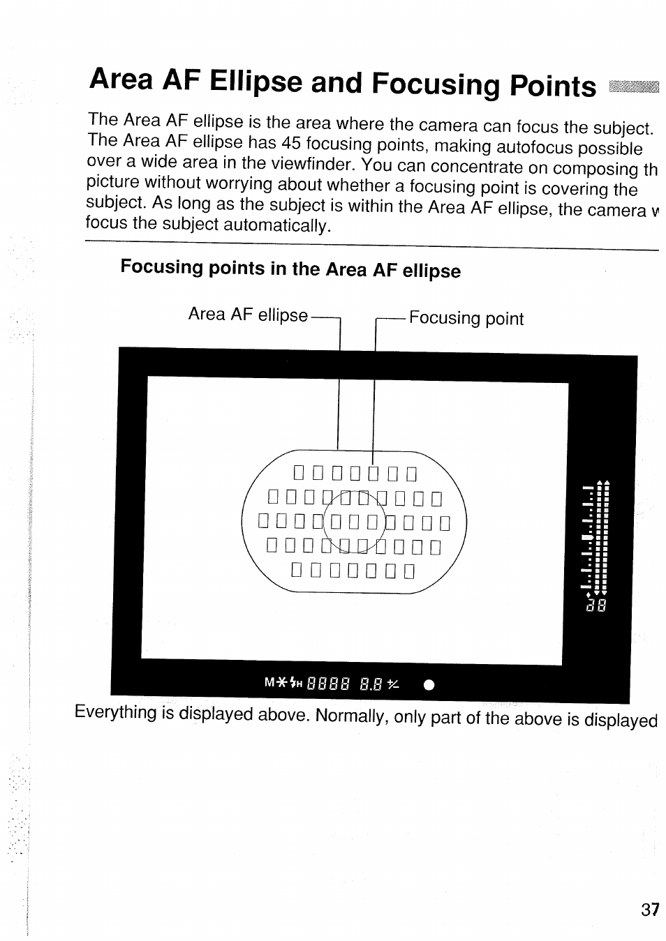 Area af ellipse and focusing points, Focusing points in the area af ellipse | Canon EOS 1 V HS User Manual | Page 37 / 143