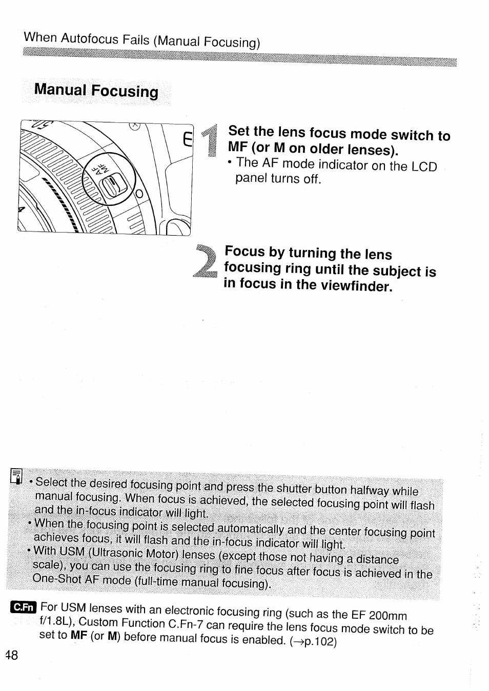 Manual focusing | Canon EOS 1 V HS User Manual | Page 48 / 143