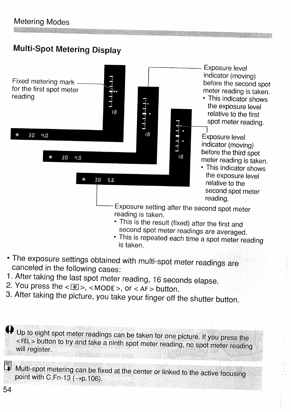 Multi-spot metering display, Metering modes | Canon EOS 1 V HS User Manual | Page 54 / 143