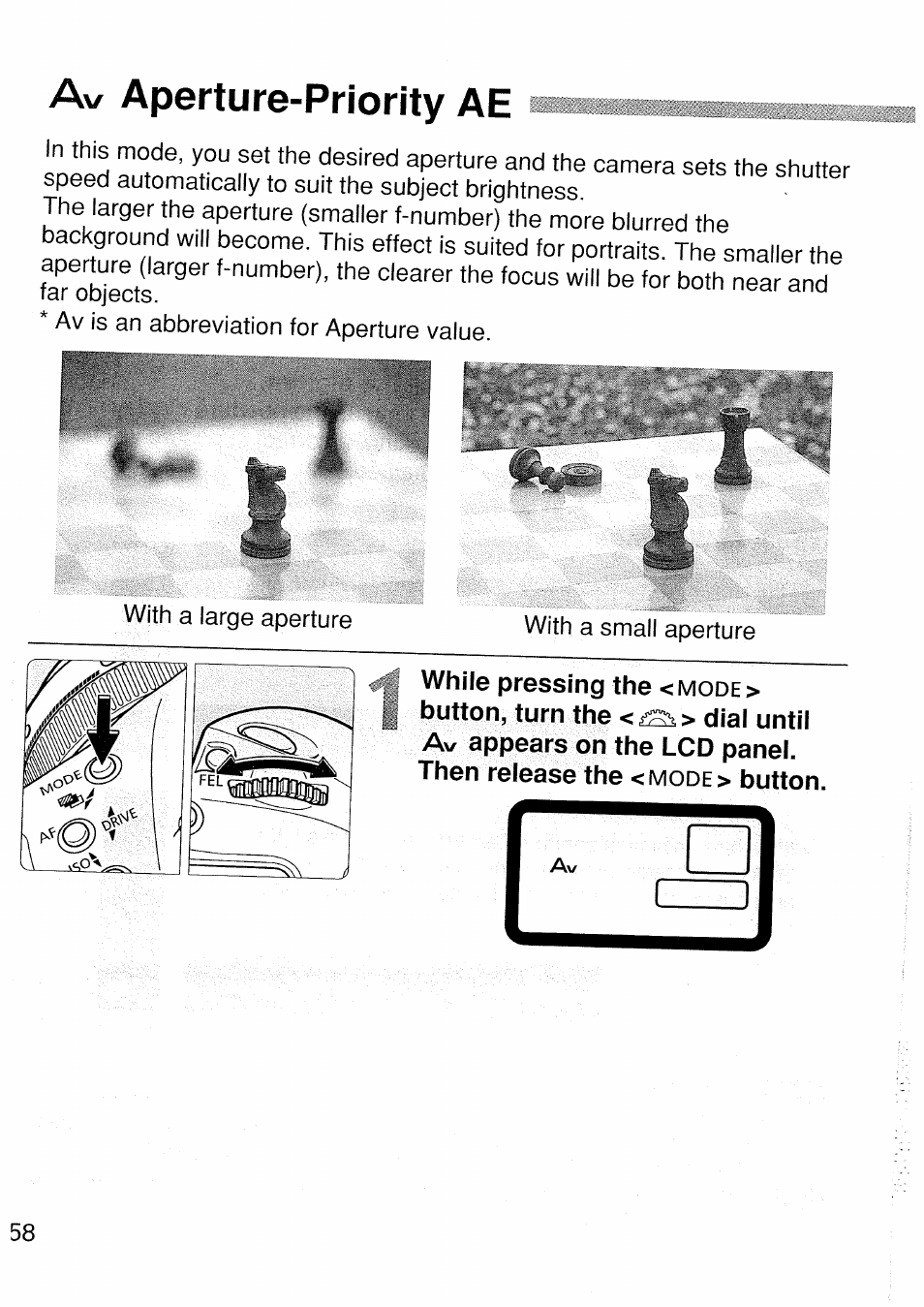 Av aperture-priority ae, Aperture-priority ae | Canon EOS 1 V HS User Manual | Page 58 / 143