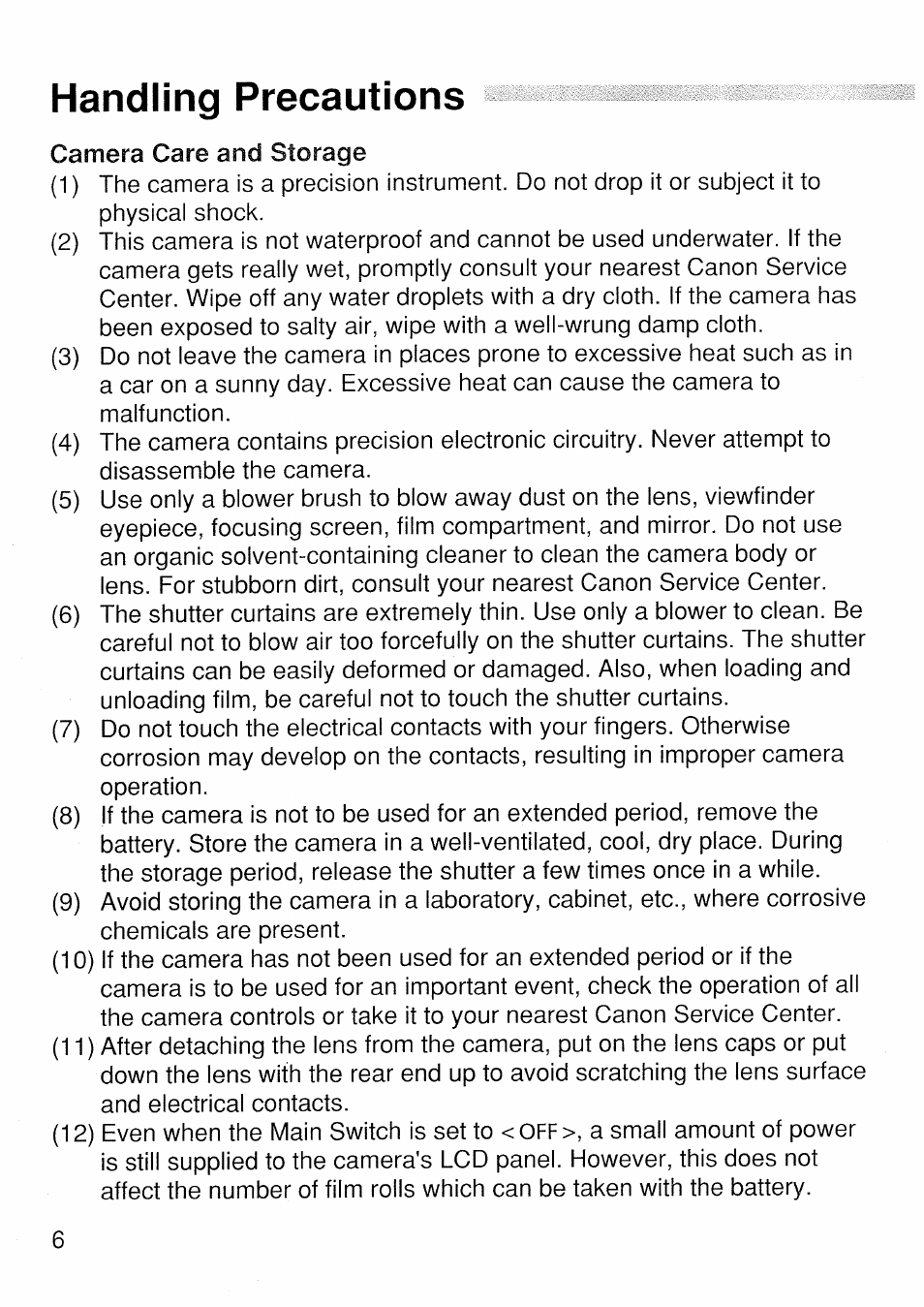 Handling precautions, Camera care and storage | Canon EOS 1 V HS User Manual | Page 6 / 143