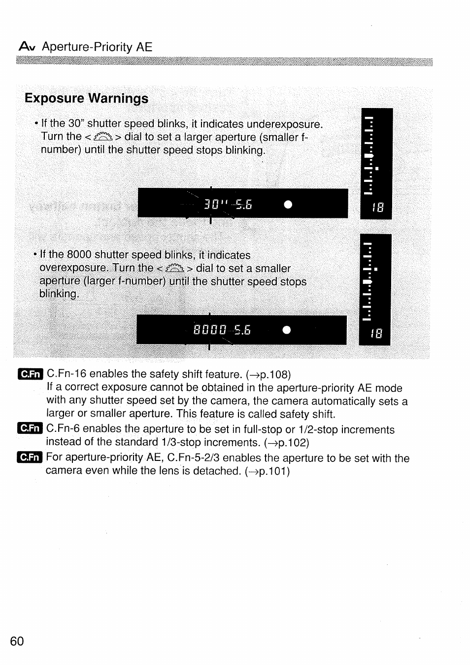Exposure warnings, Aperture-priority ae | Canon EOS 1 V HS User Manual | Page 60 / 143