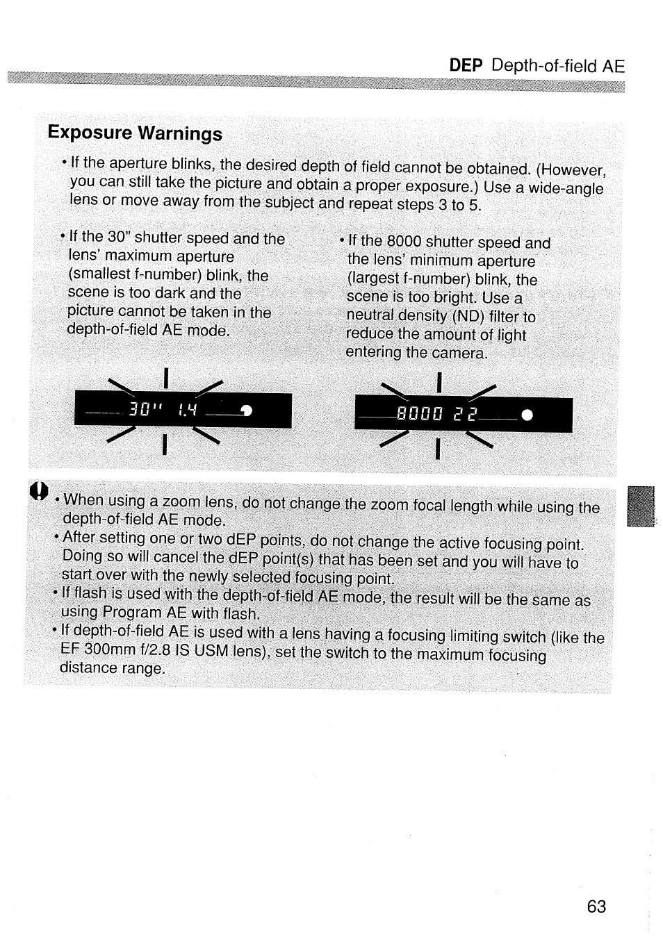 Exposure warnings, Dep depth-of-field ae | Canon EOS 1 V HS User Manual | Page 63 / 143