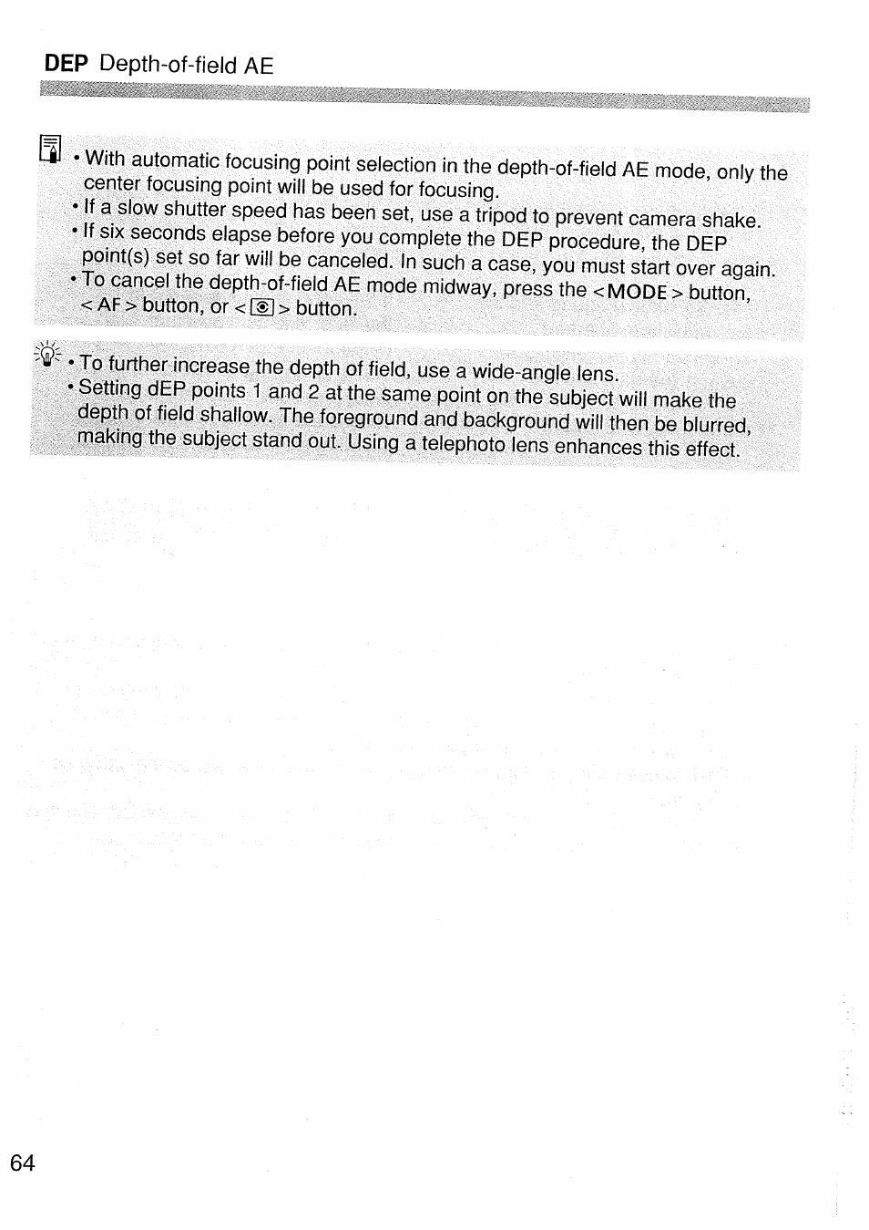 Dep depth-of-field ae | Canon EOS 1 V HS User Manual | Page 64 / 143
